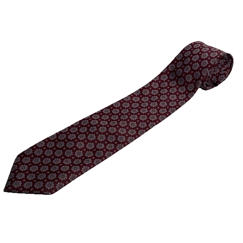 Principe Burgundy Necktie Repeating Floral Medallion Pattern Silver And Grey